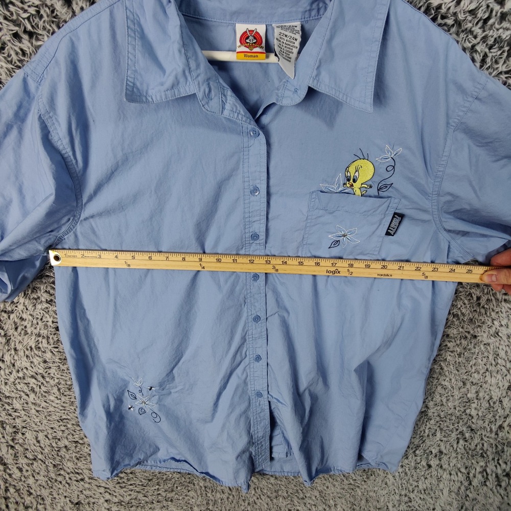 VINTAGE Looney Tunes Tweety Bird Embroidered Button Shirt Womens 24W Blue Cotton - Picture 5 of 11